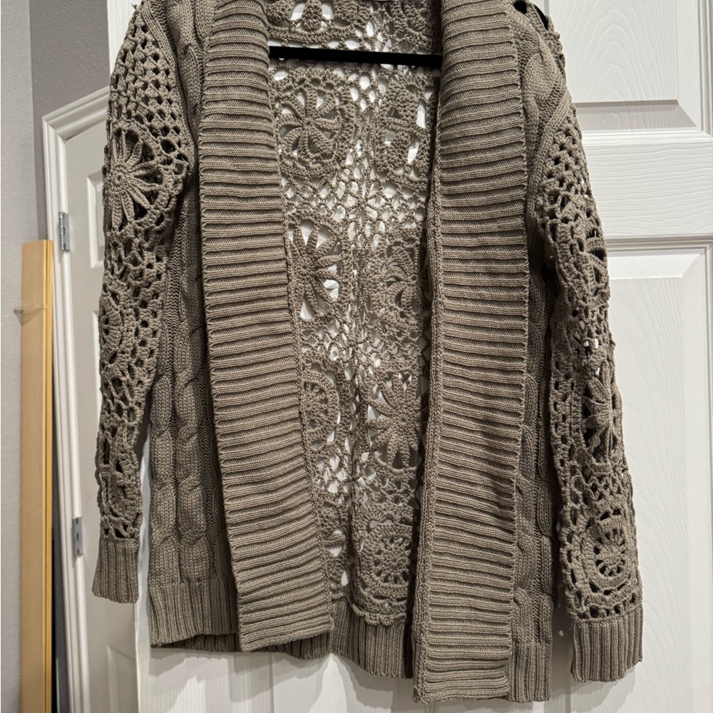 Pink Lily Taupe Crochet Cardigan